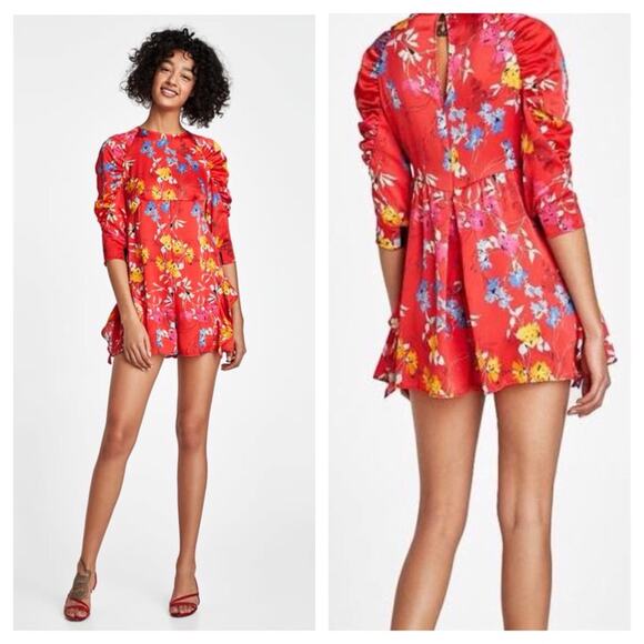 NWT Zara Red Japanese Floral Ruffle Puff Sleeve Ruched Satin Romper Small